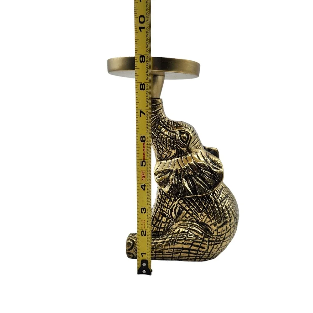 Brass Gold Tone Sitting Elephant Trunk Up Pillar Candle Holder Lucky Safari 9